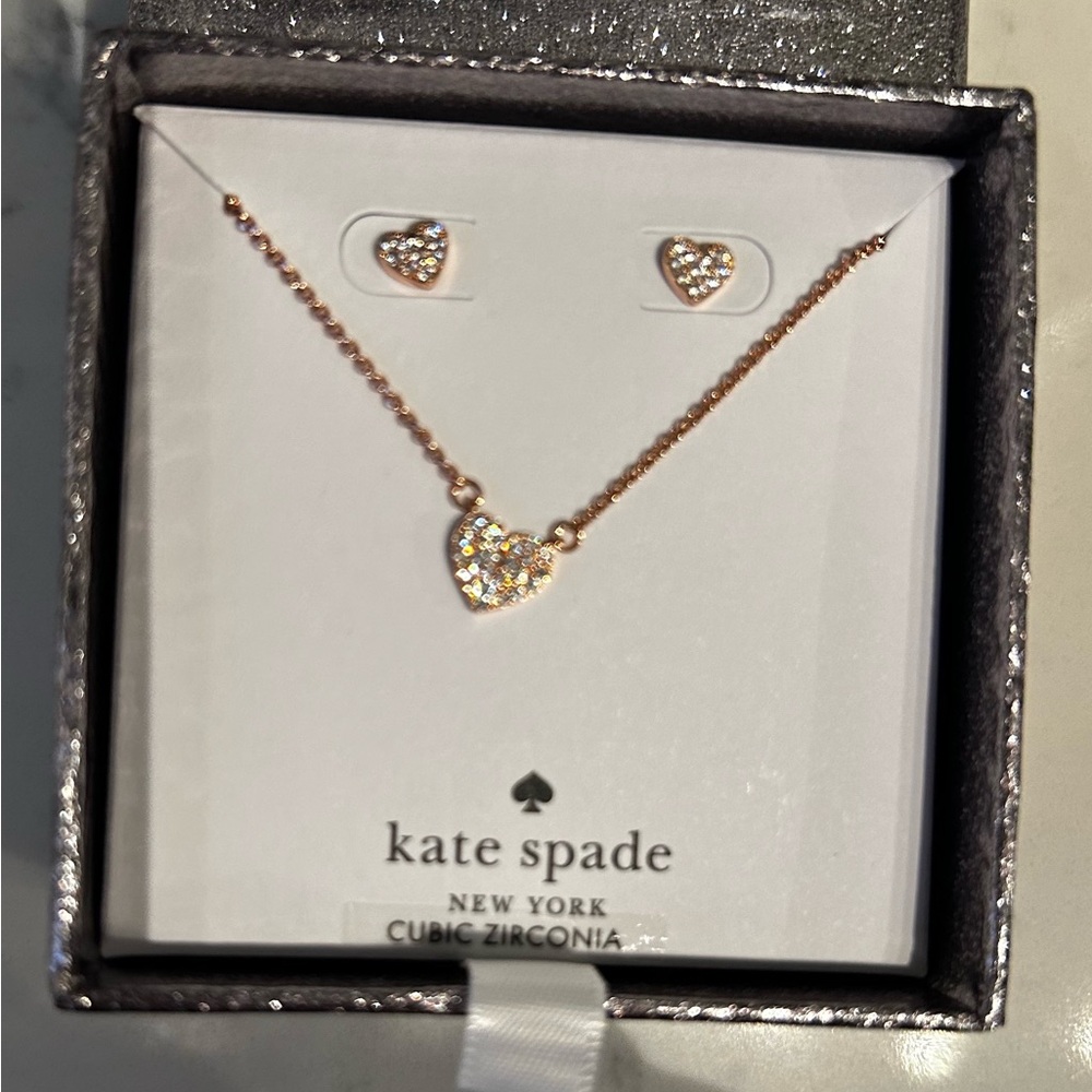 Kate Spade NIB Yours Truly Pave Studs & Mini Pendant Set. Rose Gold.